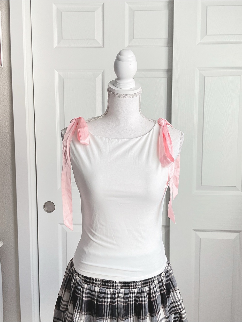 White Tank Top with Pink Tie-Strap Details